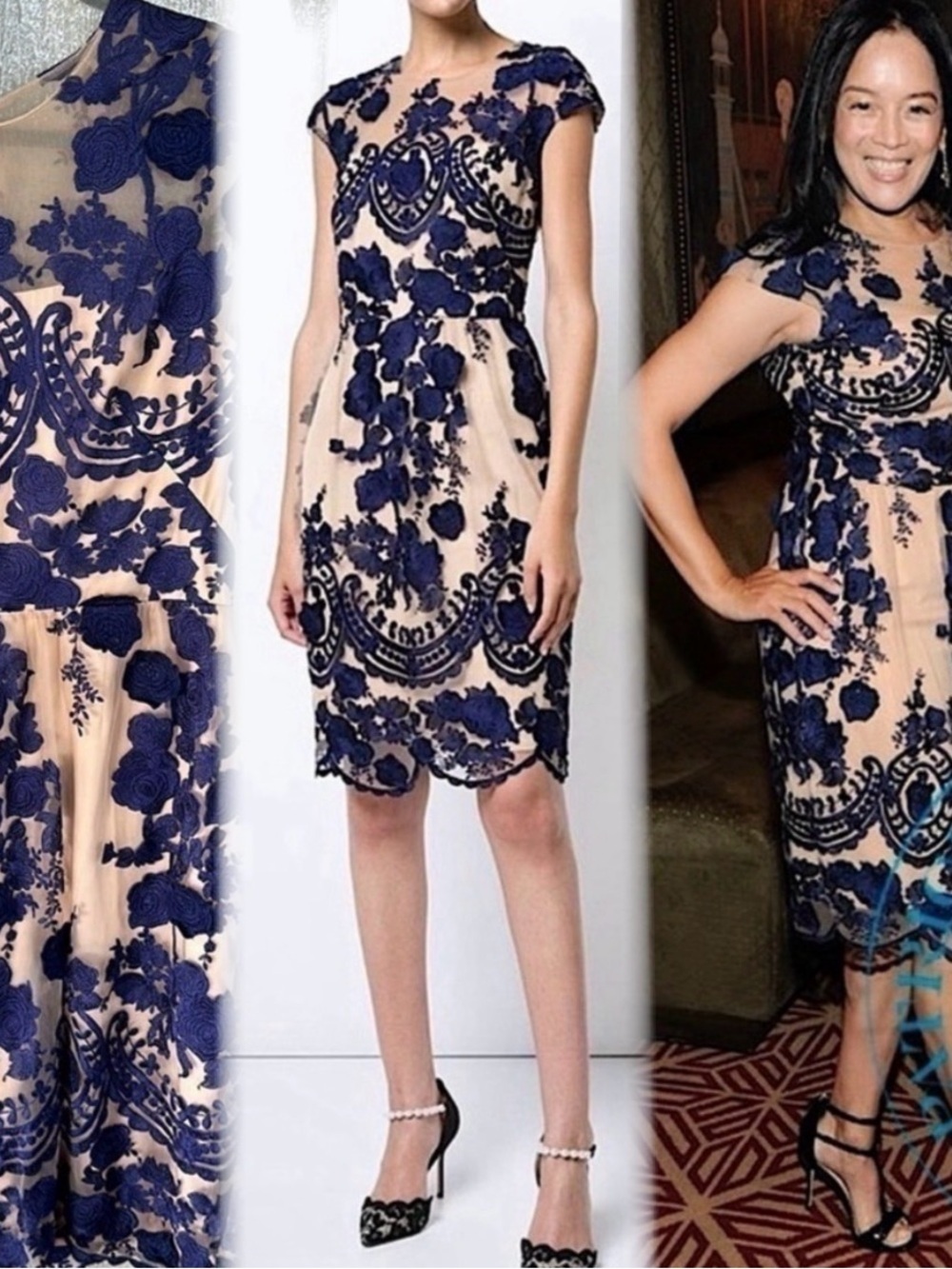 MARCHESA Navy Floral Embroidered Rosette Cap Sleeve Beige Tulle Sheath Dress  8